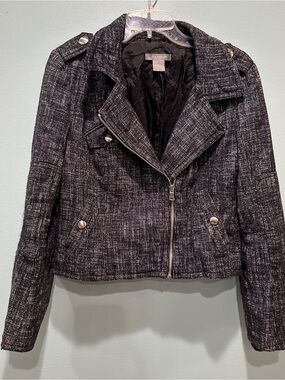 Ann Taylor Black Tweed Moto Jacket Long Sleeve Career